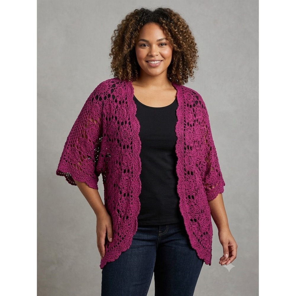 NEW Jessica London Womens Crochet Cardigan Sz 26/28 2X? Berry Open Weave Boho